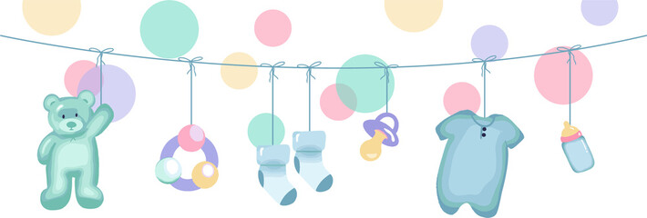 Displaying string-hung pastel baby accessories with floating circles, flat transparent background