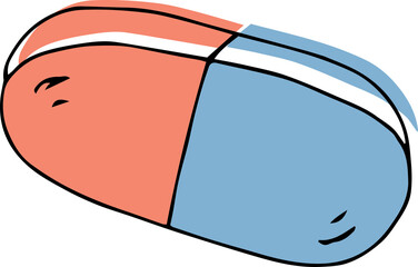 Oversized cartoon pill capsule is floating on transparent background showing orange and blue halves