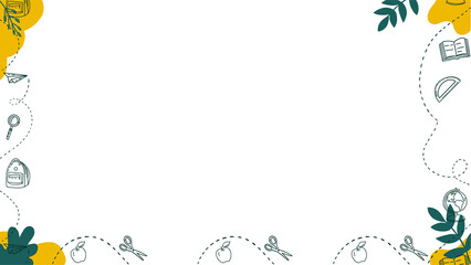 School border is showing flat doodles of apple book globe pencil on transparent bg, copy space