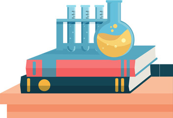 Flat artwork is featuring chemistry glassware on stacked books with transparent background