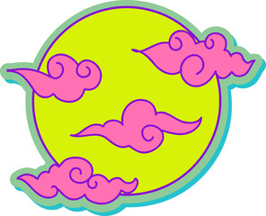 Celestial disc is glowing teal with swirling pink clouds in flat vector art, transparent background