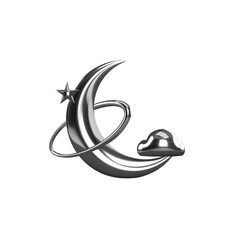 Stylized metallic crescent moon is floating in 3D with orbit ring, star, cloud on clear background