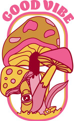 Stylized mushrooms are emerging in transparent flat art, showing bold pink GOOD VIBE in oval frame