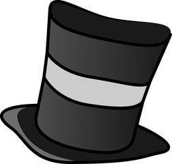 Stylized flat top hat is floating on transparent background, showing black crown with white band