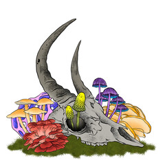 Line art is illustrating horned skull on grass with mushrooms sprouting through it, transparent