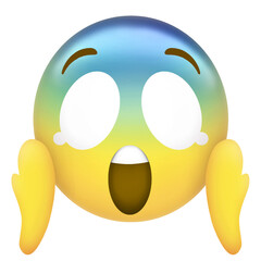 Stylized surprised emoji is showing gradient, eyebrows and mitten hands on transparent background