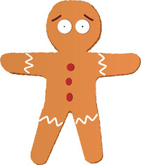 Gingerbread man is being shown in flat style, zigzag icing, red buttons on transparent background