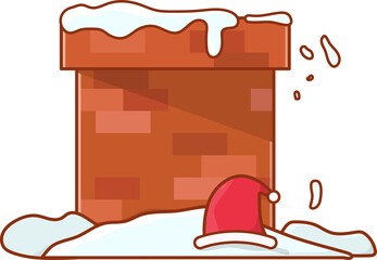 Snow-covered brick chimney is being shown in flat design with Santa hat on transparent background