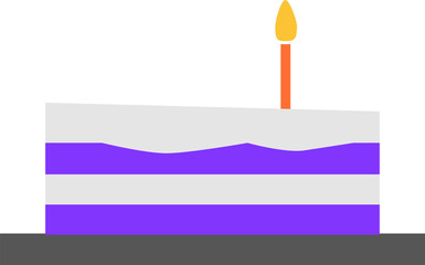 Rectangular layered cake is being shown in flat design with lit candle on transparent background