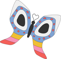 Showing flat butterfly with heart tips flying over transparent backdrop featuring patterned wings