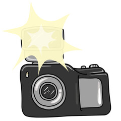 Cartoon-style digital camera is firing pop-up flash burst, flat design on transparent background