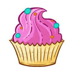 Flat cupcake is sitting on transparent background with pink frosting, golden wrapper and sprinkles