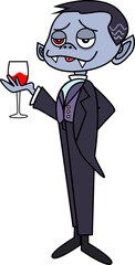 Cartoon vampire is standing on transparent background, wearing tailcoat and holding red wine glass