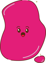 bright pink flat blob is floating on transparent backdrop, with brown oval eyes, smiling mouth