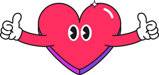 Stylized cartoon heart is giving thumbs-up with white-gloved hands, transparent background