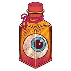 Flat design glass bottle is holding detailed eyeball wrapped in red rope on transparent backdrop