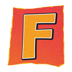 Pop art letter F is floating on transparent background featuring red-orange sketch border
