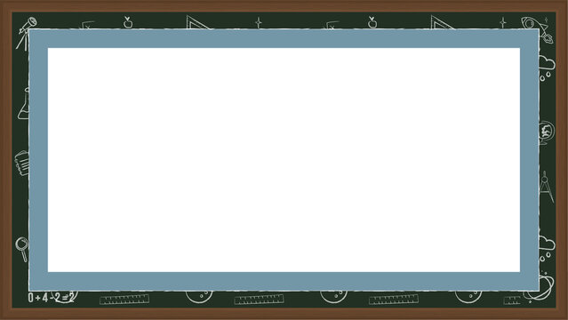 Fototapeta Showing teal and slate blue panels on wood chalkboard with chalk doodles, transparent background