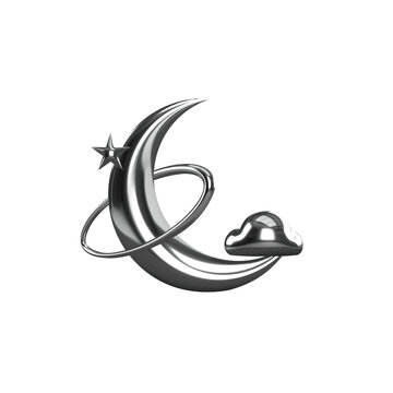 Naklejki Stylized metallic crescent moon is floating in 3D with orbit ring, star, cloud on clear background