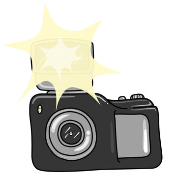 Cartoon-style digital camera is firing pop-up flash burst, flat design on transparent background