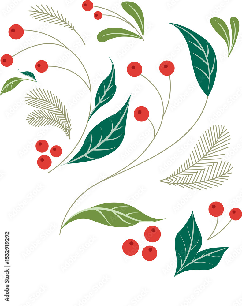 Poster flat design botanical sprigs are forming arcs on transparent background with berries and leaves