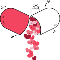 Pill capsule is releasing smiling hearts in stylized flat illustration, transparent background