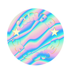 Flat holographic badge is glowing on clear backdrop with swirl embossed FUTURE EMOJI and gold stars