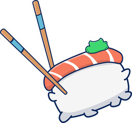 Flat design chopsticks are holding salmon nigiri, showing rice and wasabi on transparent background