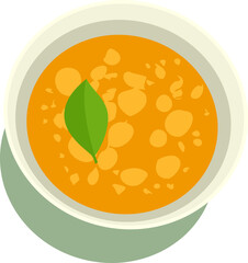 Flat design bowl sitting on transparent backdrop is holding orange soup with green leaf garnish