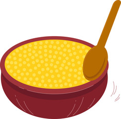 Red bowl is holding yellow grains with wooden spoon on transparent background in flat illustration