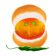 Burger is showing buns, patty, red sauce, chili pepper in flat design with transparent background