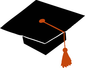 Mortarboard graduation cap is floating on transparent background with flat design orange tassel