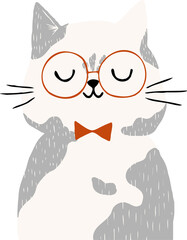 Flat design showing cat wearing round orange glasses and red bow tie, with transparent background