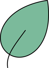 Stylized green leaf flat design is floating on transparent bg with black outline, vein, copy space