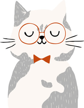 Fototapeta Flat design showing cat wearing round orange glasses and red bow tie, with transparent background