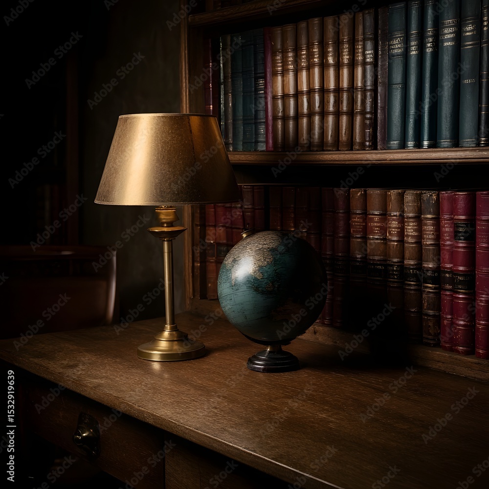 Poster vintage study with rows of books globe and reading lamp on a desk