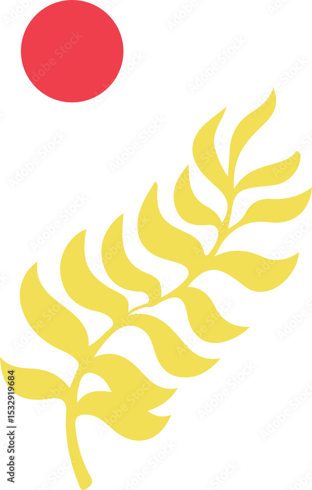 Poster yellow fern branch extending diagonally in flat design with red sun circle on transparent backdrop