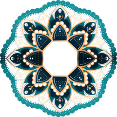 Flat mandala ornament is showing on transparent background, with teal, navy petals, gold outlines