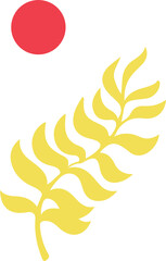 Yellow fern branch extending diagonally in flat design with red sun circle on transparent backdrop