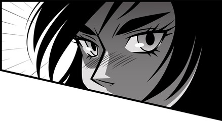 Stylized anime female face showing stark b and w comic frame with diagonal border on clear bg