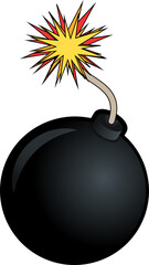 Cartoon bomb is floating over transparent background, showing curved fuse with ignited sparkburst
