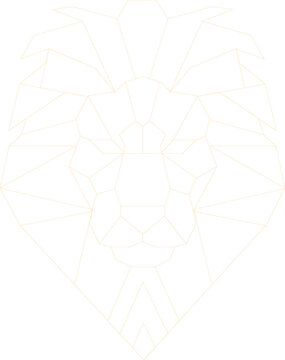 Stylized geometric lion head is shining in flat design with golden segments, transparent background