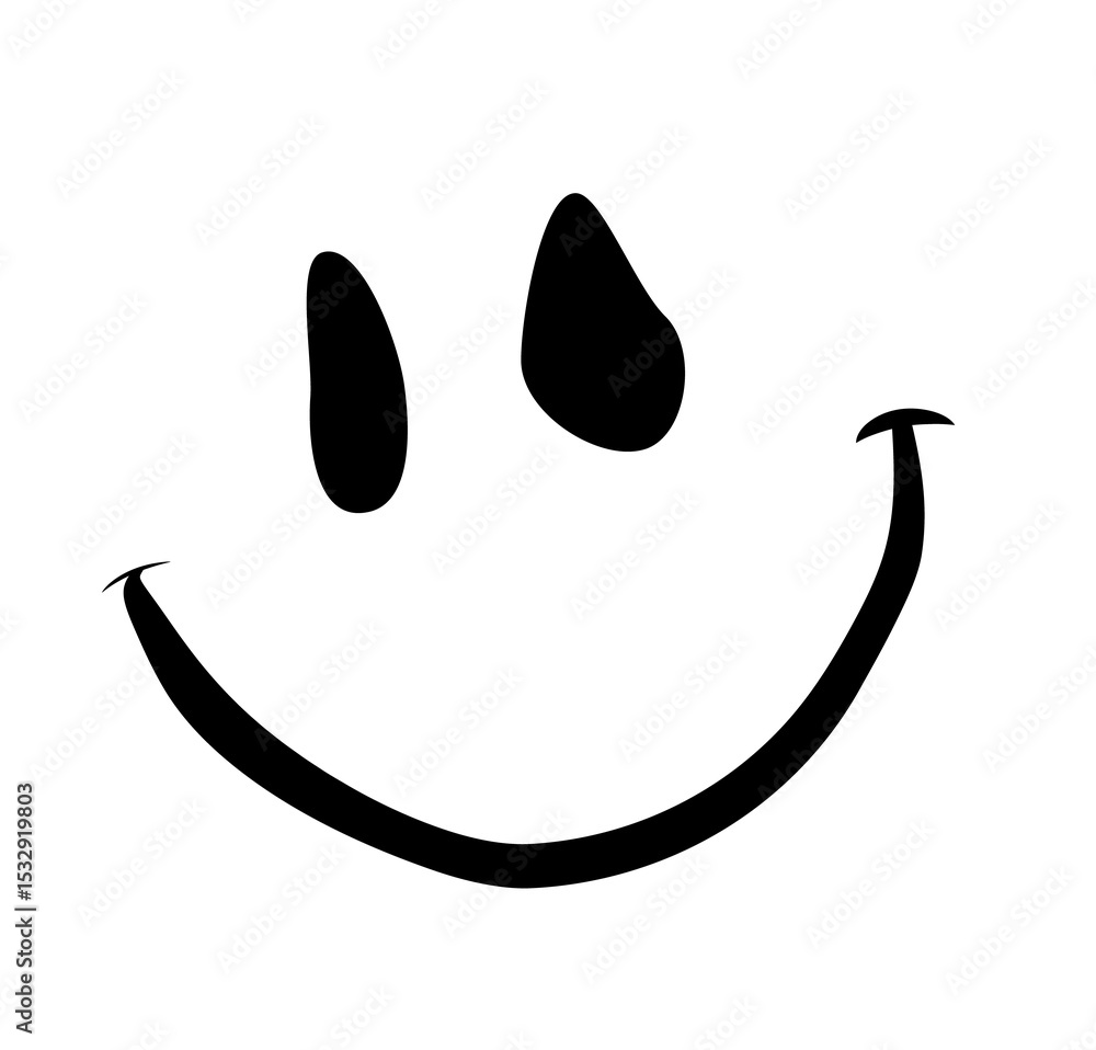 Poster abstract blob with black eyes and smile is floating on transparent background, flat design icon