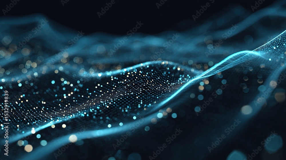 Poster blue mesh background with animated data trails and light effects