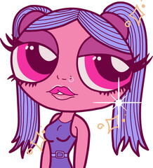 Cartoon girl bust is floating on transparent background in flat vector, with golden sparkles