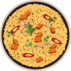 Flat top-down rice plate is showing meat chunks and vegetable garnishes, transparent background