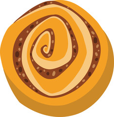 Flat design stylized swirl pastry is being shown on transparent background, with spiral seed flecks