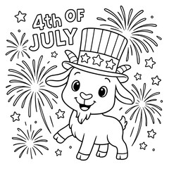 A charming illustration of a patriotic goat character, celebrating Independence Day with fireworks and festive details, offering a delightful visual. Coloring Page