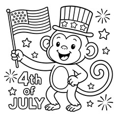 A patriotic monkey, dressed in a celebratory hat, waves the American flag with spirited enthusiasm in the image. Celebrating the 4th of July. Coloring Page