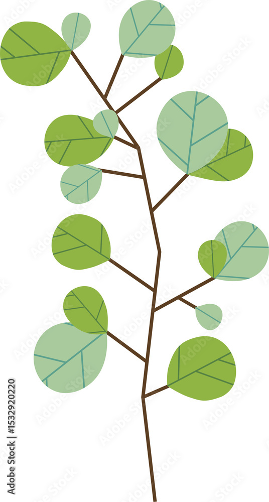 Poster stylized branch is displaying round green leaves in vector illustration with transparent background